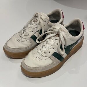 Gola White Grandslam Sneakers with Green Stripes and Pink Heel Tab